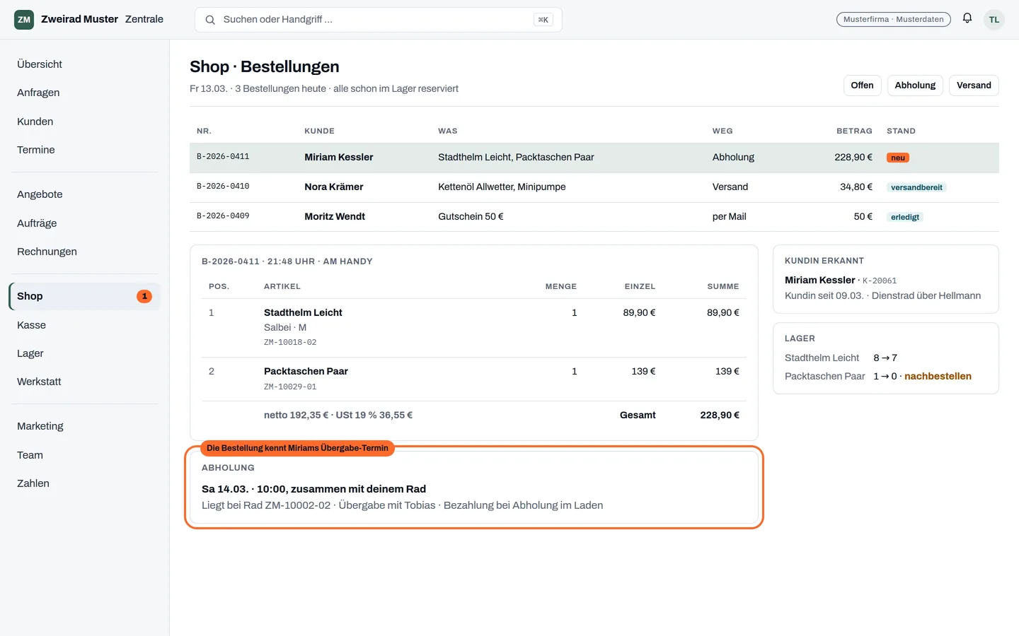 Die Shop-Bestellungen in der Zentrale: Miriams Bestellung ist erkannt, reserviert und mit ihrem Übergabe-Termin verknüpft