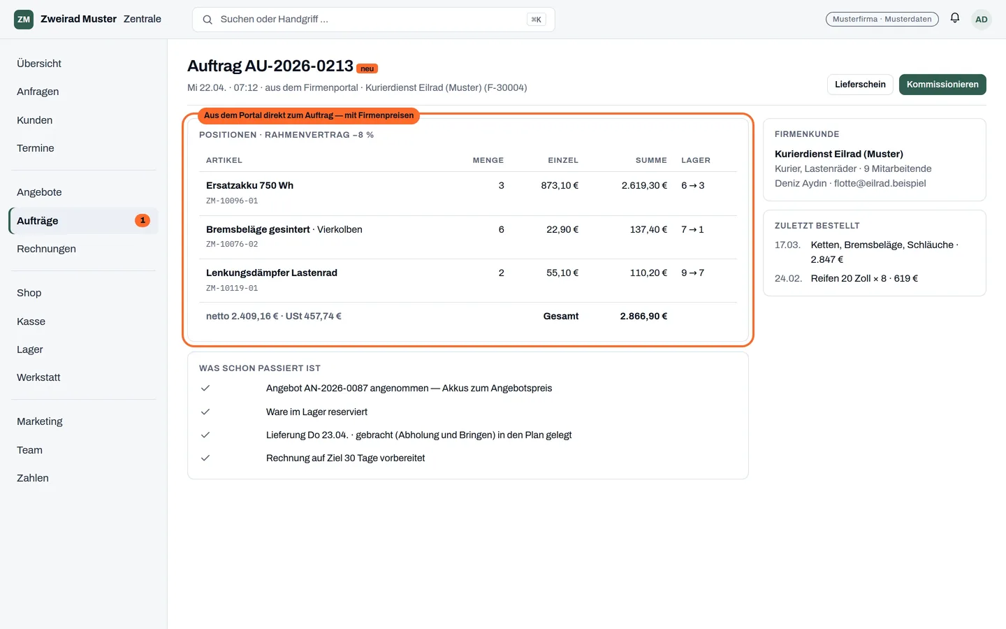 Der Aufträge-Raum: die Portal-Bestellung ist schon ein Auftrag — mit Firmenpreisen, reserviertem Lager und geplanter Lieferung